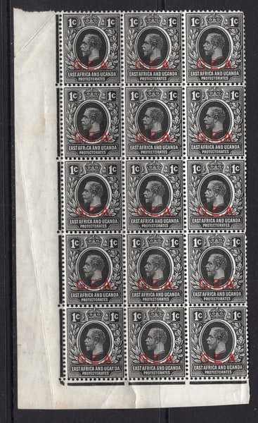 KENYA, UGANDA & TANGANYIKA - 1917 - TANGANYIKA - BRITISH OCCUPATION OF GERMAN EAST AFRICA & MULTIPLE: 1c black GV issue with 'G.E.A.' overprint in red, a fine mint corner marginal block of fifteen. (SG 45)  (KUT/14035)