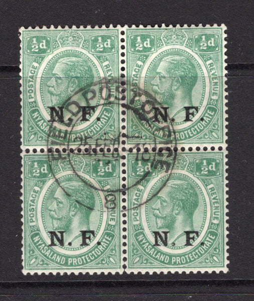 KENYA, UGANDA & TANGANYIKA - 1916 - TANGANYIKA - NYASALAND & RHODESIAN FORCE: ½d green GV issue with 'N.F.' overprint in black, a superb used block of four with central strike of FIELD POST OFFICE 8 cds of MBAMBA BAY, German East Africa dated 25 FEB 1918. Very scarce. (SG N1)  (KUT/14162)