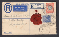 KENYA, UGANDA & TANGANYIKA - 1939 - POSTAL STATIONERY: 30c ultramarine GVI postal stationery registered envelope (H&G C4) used with added 1938 20c black & orange GVI issue (SG 139) tied by ELDORET cds's with printed 'ELDORET' registration label alongside. Sent airmail to UK with KISUNU transit cds on reverse.  (KUT/20974)