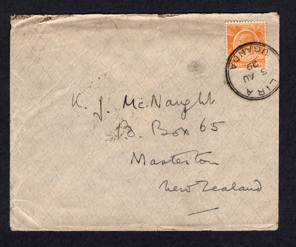 KENYA, UGANDA & TANGANYIKA - 1929 - KENYA AND UGANDA - CANCELLATION: Cover franked with single 1922 20c dull orange yellow GV issue (SG 83) tied by fine strike of LIRA UGANDA cds. Addressed to NEW ZEALAND with UGANDA transit cds on reverse.  (KUT/21000)