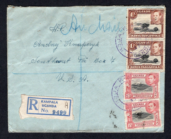 KENYA, UGANDA & TANGANYIKA - 1947 - REGISTRATION & CANCELLATION: Registered cover with manuscript 'Polish Settlement, Koja P.O. Kampala, Uganda, East Africa' return address on reverse franked with 1938 2 x 15c black & rose red and 2 x 1/- black & brown GVI issue (SG 137 & 145a) tied by two strikes of KOJA KAMPALA UGANDA cds in purple of the Red Cross run Polish Camp in Kampala with printed blue & white 'KAMPALA A' registration label alongside. Addressed to USA with various transit and arrival marks on reve