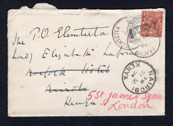 KENYA, UGANDA & TANGANYIKA - 1928 - INCOMING MAIL: Incoming cover from Great Britain franked 1924 1½d red brown GV issue (SG 420) tied by GRASMERE cds. Addressed to NAIROBI with arrival cds on front then re-directed to ELMENTEITA with further arrival cds's on front.  (KUT/21042)