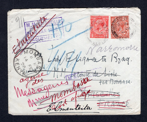 KENYA, UGANDA & TANGANYIKA - 1928 - INCOMING MAIL: Incoming cover from Great Britain franked 1924 1d scarlet & 1½d red brown GV issue (SG 419/420) tied by WESTGATE ON SEA cds's. Initially addressed to the Messageries Maritimes ship 'Leconte de Lisle' at MARSEILLE with boxed 'M.M. MARSEILLE VAGUEMESTER' arrival mark on front. The cover has then been re-directed to MOMBASA and then on to ELMENTEITA with arrival cds's on front & reverse.  (KUT/21043)
