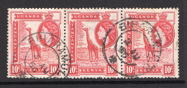 KENYA, UGANDA & TANGANYIKA - 1954 - TANGANYIKA - CANCELLATION: 10c carmine red QE2 issue, a fine strip of three used with two strikes of BIHARAMULO cds dated 3 AUG 1956, located in TANGANYIKA. (SG 168)  (KUT/24269)