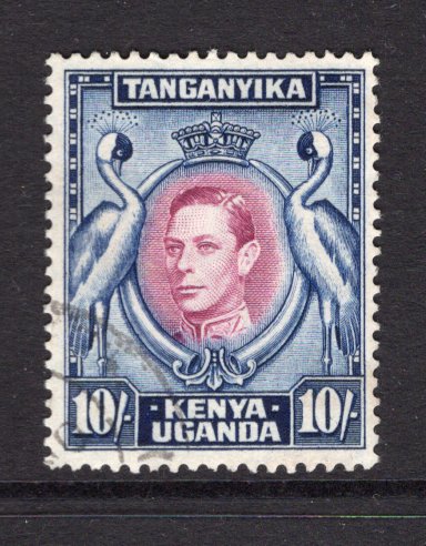 KENYA, UGANDA & TANGANYIKA - 1938 - GVI ISSUE: 10/- reddish purple & blue GVI issue, perf 13¼ x 13¾, a superb cds used copy. (SG 149b)  (KUT/29751)
