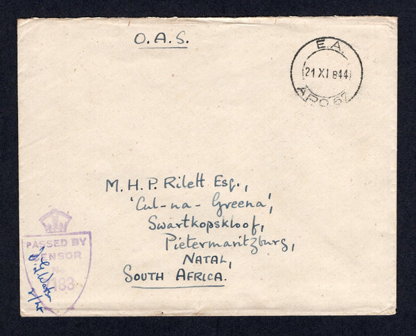 KENYA, UGANDA & TANGANYIKA - 1944 - MILITARY MAIL: Stampless cover with manuscript 'O.A.S.' (On active Service) at top with fine strike of 'E.A. A.P.O. 67' cds dated 21 XI. 1944 located at NANYUKI, KENYA. Addressed to SOUTH AFRICA with 'Shield' censor marking at lower left.  (KUT/33516)