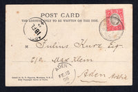 KENYA, UGANDA & TANGANYIKA - 1908 - EAST AFRICA & UGANDA PROTECTORATE - DESTINATION: Black & white PPC 'Main Street & Law Courts, Mombasa, B.E.A.' franked on message side with 1904 1a grey & red EVII issue (SG 18) tied by MOMBASA cds dated 11 FEB 1906. Addressed to ADEN, ARABIA with ADEN and ADEN CAMP arrival cds's on front.  (KUT/35930)