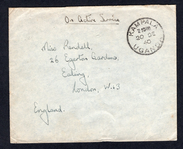 KENYA, UGANDA & TANGANYIKA - 1940 - MILITARY MAIL: Stampless cover with manuscript 'On Active Service' at top with fine KAMPALA UGANDA cds dated 20 DEC 1940. Addressed to UK with boxed 'PASSED BY MILITARY CENSOR No. 290' marking in purple on reverse.  (KUT/37172)