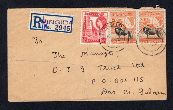 KENYA, UGANDA & TANGANYIKA - 1954 - CANCELLATION & REGISTRATION: Registered cover franked with 1954 10c carmine red and pair 20c black & orange QE2 issue (SG 168 & 170) tied by SINGIDA cds's dated 16 AUG 1954 with blue on white registration label with 'SINGIDA' handstamp in violet alongside. Addressed to DARESSALAAM with arrival marks on reverse.  (KUT/37175)