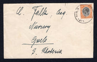 KENYA, UGANDA & TANGANYIKA - 1933 - TANGANYIKA - CANCELLATION & ROUTING: Cover franked with single 1927 20c black & orange buff GV issue (SG 96) tied by fine strike of LUPA RIVER 'Skeleton' cds dated 24 OCT 1933 of the Lupa River Goldfields. Addressed to GWELO, SOUTHERN RHODESIA routed via MOZAMBIQUE with CORREOS BEIRA transit cds and MBEYA and DARESSALAAM transit cds's all on reverse. The Lupa River P.O. is recorded as only operating between March 1932 and June 1934 at Lupa River after which it was transf