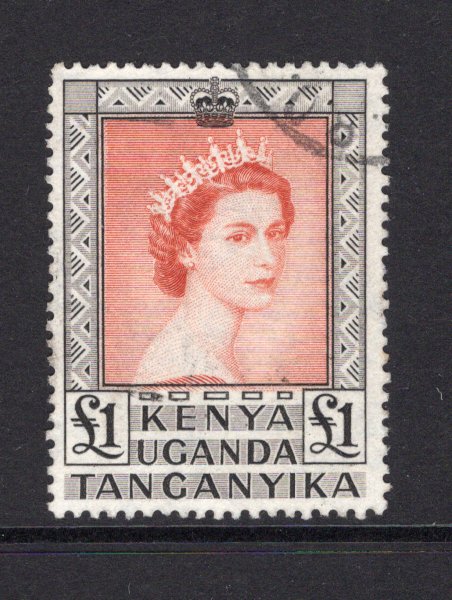 KENYA, UGANDA & TANGANYIKA - 1954 - QE2 ISSUE: £1 brown red & black QE2 issue, a very fine cds used copy. (SG 180)  (KUT/39451)