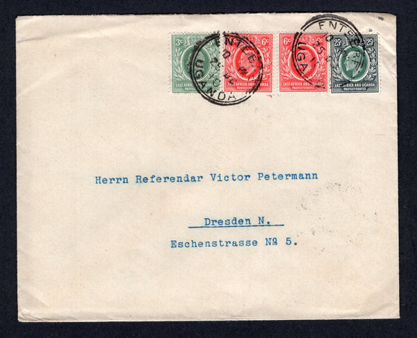 KENYA, UGANDA & TANGANYIKA - 1910 - EAST AFRICA & UGANDA PROTECTORATE - EVII ISSUE: Cover franked with 1907 3c grey green, 2 x 6c red and 25c grey green & black EVII issue (SG 35/36 & 40) tied by ENTEBE cds's dated 25 OCT 1910 with fine blue & white 'KAISERLICH DEUTSCHES VICE-KONSULAT IN ENTEBE' Arms consular seal on reverse. Addressed to GERMANY with MOMBASA transit cds also on reverse.  (KUT/39885)