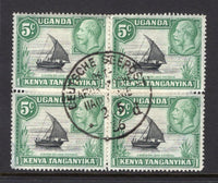 KENYA, UGANDA & TANGANYIKA - 1935 - CANCELLATION & MARITIME: 5c black & green GV issue, a fine block of four used with superb central strike of DEUTSCHE SEEPOST OST-AFRIKANISCHE HAUPTLINIE 'd' cds cancel dated 2 5 1935. Small thin on reverse at bottom left hand side of block. (SG 111)  (KUT/40081)