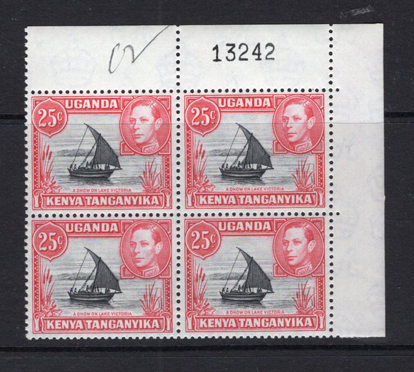 KENYA, UGANDA & TANGANYIKA - 1938 - MULTIPLE: 25c black & carmine red GVI issue perf 13 x 12½, a fine unmounted mint corner marginal block of four with '13242' sheet number handstamp in top margin. (SG 140)  (KUT/40239)