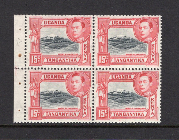 KENYA, UGANDA & TANGANYIKA - 1938 - GVI ISSUE & BOOKLET PANE: 15c black & rose red GVI issue perf 13¼, a fine mint BOOKLET PANE of four with margin at left and staple marks. This pane originated in the 1938 3/- 40c booklet (SG SB3). Fine mint. (SG 137)  (KUT/41559)
