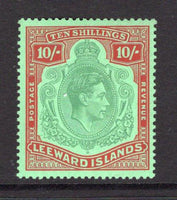 LEEWARD ISLANDS - 1938 - GVI ISSUE: 10/- deep green & deep vermilion on green GVI issue, a fine mint copy. (SG 113c)  (LEE/14248)