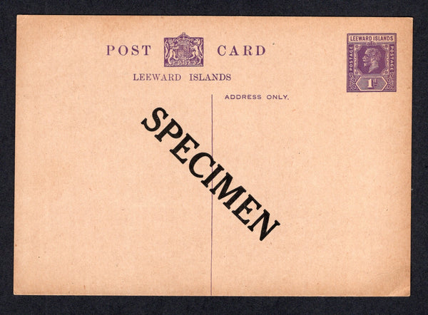 LEEWARD ISLANDS - 1926 - POSTAL STATIONERY: 1d violet GV postal stationery card (H&G 10) with large 'SPECIMEN' overprint in black.  (LEE/21211)