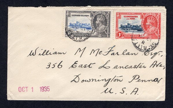 LEEWARD ISLANDS - SAINT KITTS & NEVIS - 1935 - SILVER JUBILEE ISSUE: Commercial cover franked with 1935 1d deep blue & scarlet and 1½d ultramarine & grey GV 'Silver Jubilee' issue (SG 88/89) tied by ST KITTS cds's. Addressed to USA.  (LEE/21217)