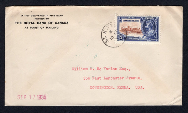 LEEWARD ISLANDS - SAINT KITTS & NEVIS - 1935 - SILVER JUBILEE ISSUE: Commercial cover franked with 1935 2½d brown & deep blue GV 'Silver Jubilee' issue (SG 90) tied by ST KITTS cds's. Addressed to USA.  (LEE/21218)