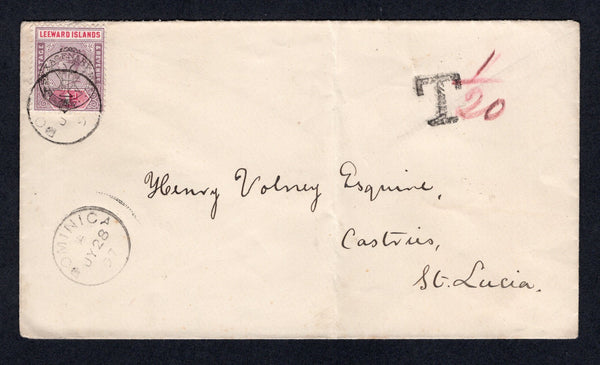 LEEWARD ISLANDS - 1897 - DIAMOND JUBILEE ISSUE: Cover franked with single 1897 1d dull mauve & rose QV issue with 'Sexagenary 1897' overprint in black (SG 10) tied by DOMINICA cds dated JUL 28 1897 with second strike alongside. Addressed to ST. LUCIA, taxed with unframed 'T' marking and '1/20' added in red crayon. ST. LUCIA arrival cds on reverse. A very rare issue genuinely used on cover.  (LEE/33517)