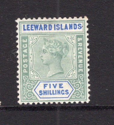 LEEWARD ISLANDS - 1890 - QV ISSUE: 5/- green & blue QV issue, a fine mint copy. Briefmarkenprufstelle Basel certificate accompanies. (SG 8)  (LEE/38707)
