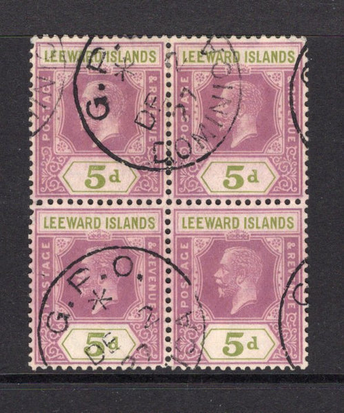 LEEWARD ISLANDS - 1921 - MULTIPLE: 5d dull purple & olive green GV issue watermark 'Multi Script CA', a fine used block of four with G.P.O. DOMINICA cds's dated DE 2 1927. (SG 71)  (LEE/40240)