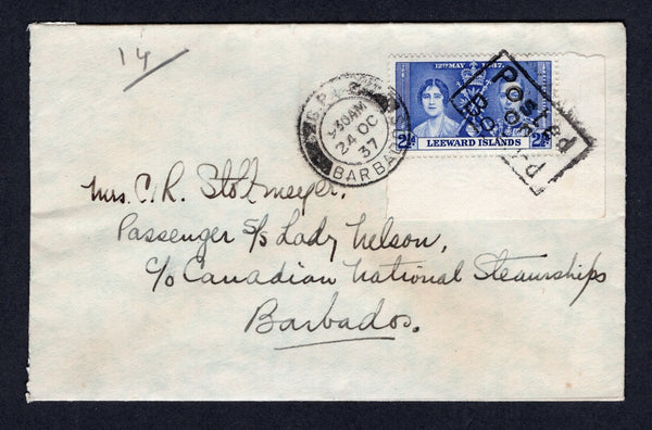 LEEWARD ISLANDS - 1937 - MARITIME: Cover with 'Furness Lines' imprint on flap franked with 1937 2½d bright blue GVI 'Coronation' issue (SG 94) a corner marginal copy tied by boxed 'POSTED ON BOARD' cancel in black and by BARBADOS cds dated 24 OCT 1937. Addressed to 'Mrs C. R. Stotmeyer, Passenger s/s Lady Nelson, c/o Canadian National Steamships, Barbados'.  (LEE/40412)