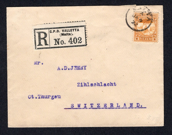 MALTA - 1922 - REGISTRATION: Cover franked with single 1904 4½d orange (SG 58) tied by MALTA cds with printed black on white 'G.P.O. VALLETTA (Malta)' registration label alongside. Addressed to SWITZERLAND with arrival cds on reverse. Very attractive.  (MAL/21377)