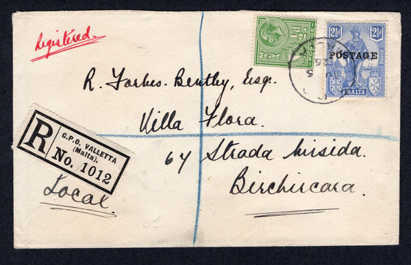 MALTA - 1926 - REGISTRATION: Registered cover franked with 1926 ½d yellow green GV issue and 2½d ultramarine with 'POSTAGE' overprint (SG 158 & 148) tied by G.P.O. MALTA cds with printed black & white 'G.P.O. VALLETTA (Malta)' registration label alongside. Addressed to internally to BIRCHICARA.  (MAL/21383)