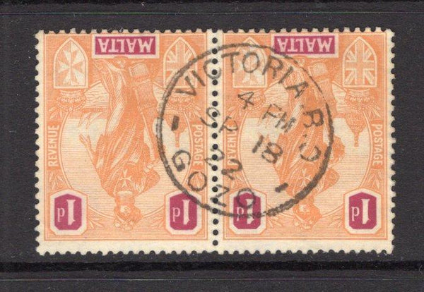 MALTA - 1922 - CANCELLATION: 1d orange & purple pair used with superb central strike of VICTORIA B.O. GOZO cds dated SEP 18 1922. (SG 125)  (MAL/23960)