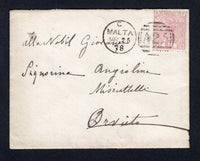 MALTA - 1878 - GREAT BRITAIN USED IN MALTA: Cover franked with Great Britain 1876 2½d rosy mauve QV issue, plate 9 (SG Z38) tied by fine MALTA 'A25' barred numeral duplex cancel dated MR 25 1878 with date added in manuscript. Addressed to ITALY with arrival cds's on reverse.  (MAL/24135)