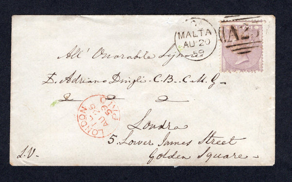 MALTA - 1859 - GREAT BRITAIN USED IN MALTA: Cover franked with single 1855 6d lilac QV issue without corner letters (SG Z55) tied by fine 'A25' & MALTA cds duplex cancel dated AU 20 1859. Addressed to UK with LONDON arrival cds in red on front. Very attractive.  (MAL/41182)