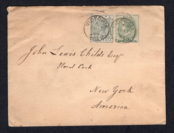 MALTA - 1899 - QV ISSUE & CANCELLATION: Cover franked with 1885 ½d green and 2d grey QV issue (SG 20 & 23) tied by two fine strikes of VICTORIA GOZO cds dated FE 17 189. Addressed to USA with MALTA transit cds and USA arrival mark on reverse.  (MAL/41183)