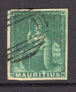 MAURITIUS - 1858 - CLASSIC ISSUES: 4d green 'Britannia' issue, a superb lightly used copy with four large margins. (SG 27)  (MAU/14441)