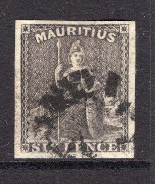 MAURITIUS - 1859 - CLASSIC ISSUES: 6d dull purple slate 'Britannia' issue, a superb lightly used copy with four large margins. (SG 33)  (MAU/14445)
