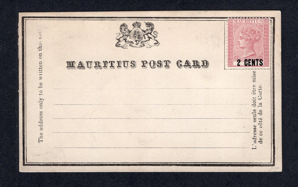MAURITIUS - 1879 - POSTAL STATIONERY: '2 CENTS' claret on black on white postal stationery formular card (H&G 2 on thick card, SG 83). A fine unused example.  (MAU/21396)