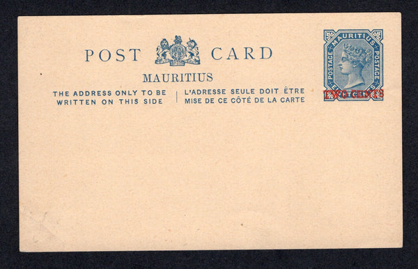 MAURITIUS - 1885 - POSTAL STATIONERY: 'TWO CENTS' on 8c blue postal stationery card (H&G 6, overprint in red). A fine unused example.  (MAU/21397)