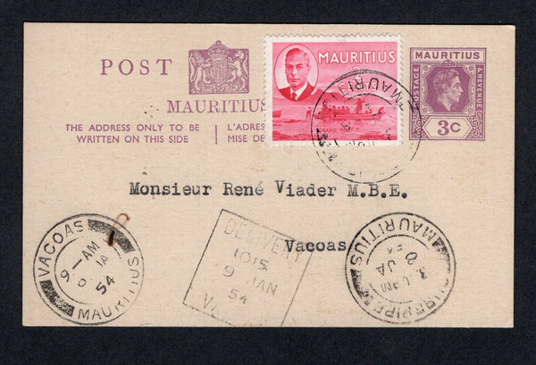 MAURITIUS - 1954 - POSTAL STATIONERY: 3c violet GVI postal stationery card (H&G 33) used with added 1950 2c rose carmine GVI issue (SG 277) tied by CUREPIPE cds with second strike alongside. Addressed to VACOAS with arrival cds and boxed 'DELIVERY 1015 9 JAN 54 VACOAS' marking both on front.  (MAU/21400)