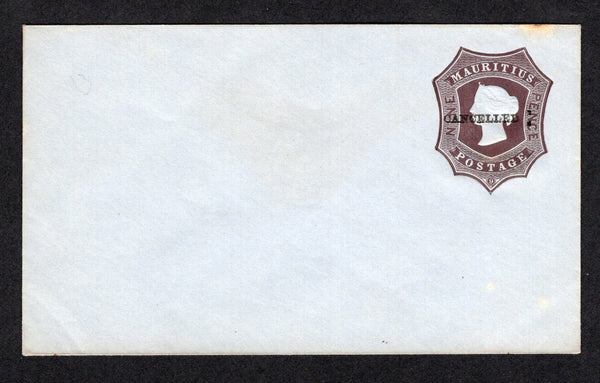 MAURITIUS - 1862 - POSTAL STATIONERY: 9d dark brown on bluish QV postal stationery envelope (H&G B2) with 'CANCELLED' overprint in black.  (MAU/21402)