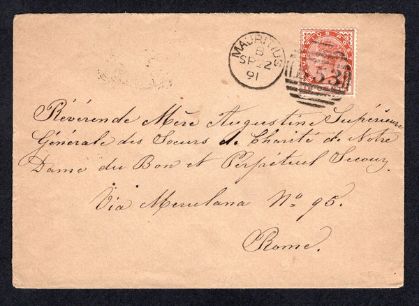MAURITIUS - 1891 - QV ISSUE: Cover franked with single 1883 16c chestnut QV issue (SG 109) tied by fine MAURITIUS 'B53' duplex cancel. Addressed to ITALY with transit & arrival marks on reverse.  (MAU/21406)