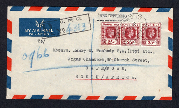 MAURITIUS - 1948 - REGISTRATION & DESTINATION: Registered airmail cover franked with strip of three 1938 25c brown purple GVI issue (SG 259b) tied by large oval REGISTERED G.P.O. MAURITIUS cancel with boxed 'R G.P.O.' registration handstamp alongside. Addressed to CAPETOWN, SOUTH AFRICA.  (MAU/21416)