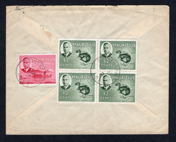 MAURITIUS - Circa 1950 - CANCELLATION: Cover franked on reverse with 1950 2c rose carmine and block of four 12c olive green GVI issue (SG 277 & 282) tied by undated ARGY cds's with additional strike on front. Sent airmail to UK.  (MAU/21417)
