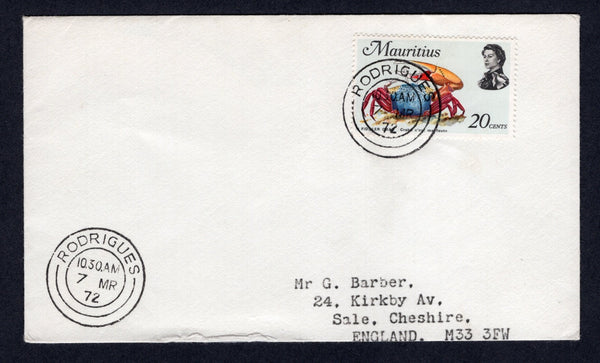 MAURITIUS - 1972 - CANCELLATION & ISLAND MAIL: Cover franked with 1969 20c 'Crab' issue (SG 388) tied by fine RODRIGUES cds with second strike alongside. Addressed to UK.  (MAU/21420)