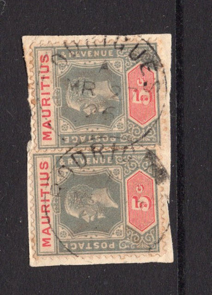 MAURITIUS - 1921 - CANCELLATION & ISLAND MAIL: 5c grey & carmine GV issue, two copies tied on small piece by two strikes of RODRIGUES cds dated MAR 27 1926. (SG 227)  (MAU/21776)