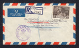 MAURITIUS - 1949 - HIGH VALUE FRANKING: Registered airmail cover franked with single 1949 1r sepia GVI 'U.P.U.' issue (SG 275) tied by oval REGISTERED MAURITIUS cancel with printed blue on white 'G.P.O. MAURITIUS' registration label and 'MEDICAL & HEALTH DEPARTMENT' official cachet alongside. Addressed to SWITZERLAND with arrival marks on reverse. Scarce stamp on cover.  (MAU/27435)