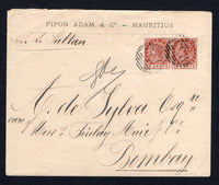 MAURITIUS - 1891 - MARITIME & QV ISSUE: Cover franked with pair 1883 16c chestnut QV issue (SG 109) tied by two strikes of barred numeral 'B53' with small MAURITIUS cds on reverse. Endorsed 'S.S. Sultan' on front and addressed to BOMBAY, INDIA with transit and arrival marks on reverse. Also nice black & white photo of 'The Sultan' from the National Maritime museum included.  (MAU/27767)