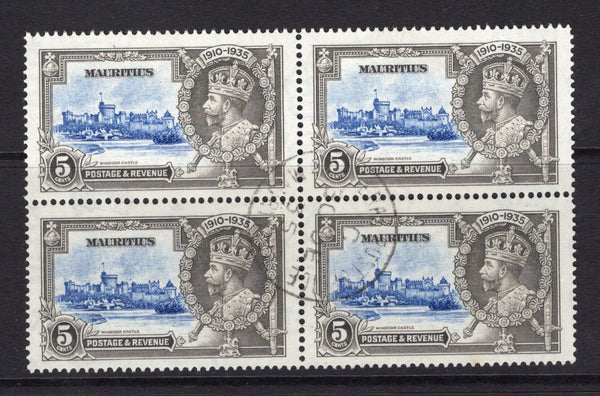 MAURITIUS - 1935 - VARIETY: 5c ultramarine & grey GV 'Silver Jubilee' issue, a fine cds used block of four with lower left stamp showing variety DOT TO LEFT OF CHAPEL. (SG 245 & 245g)  (MAU/32698)