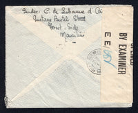 MAURITIUS - 1945 - CENSORSHIP: Censored cover with manuscript 'Sender C. de Sabanne Aijal, Gustav Bestel Street, Forest - Side, Mauritius' on reverse franked with 1938 20c blue GVI issue (SG 258) tied by CUREPIPE cds dated 13 OCT 1944 with printed P.C.90 OPENED BY EXAMINER E E / 182' censor strip at left. Addressed to USA.  (MAU/37179)