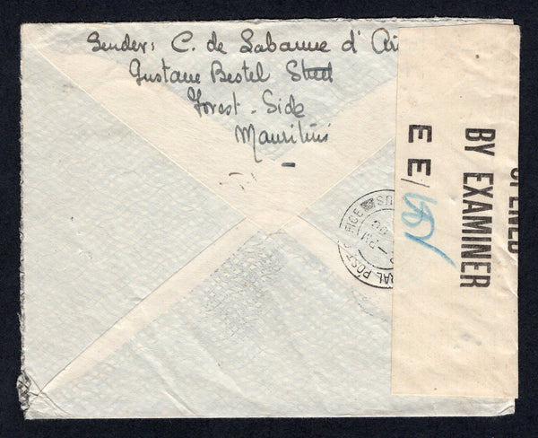 MAURITIUS - 1945 - CENSORSHIP: Censored cover with manuscript 'Sender C. de Sabanne Aijal, Gustav Bestel Street, Forest - Side, Mauritius' on reverse franked with 1938 20c blue GVI issue (SG 258) tied by CUREPIPE cds dated 13 OCT 1944 with printed P.C.90 OPENED BY EXAMINER E E / 182' censor strip at left. Addressed to USA.  (MAU/37179)