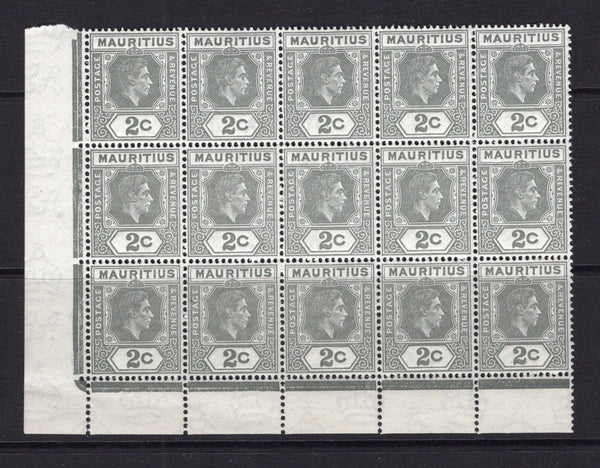 MAURITIUS - 1938 - MULTIPLE: 2c olive grey GVI issue perf 15 x 14. A fine unmounted mint corner marginal block of fifteen. (SG 252b)  (MAU/40251)